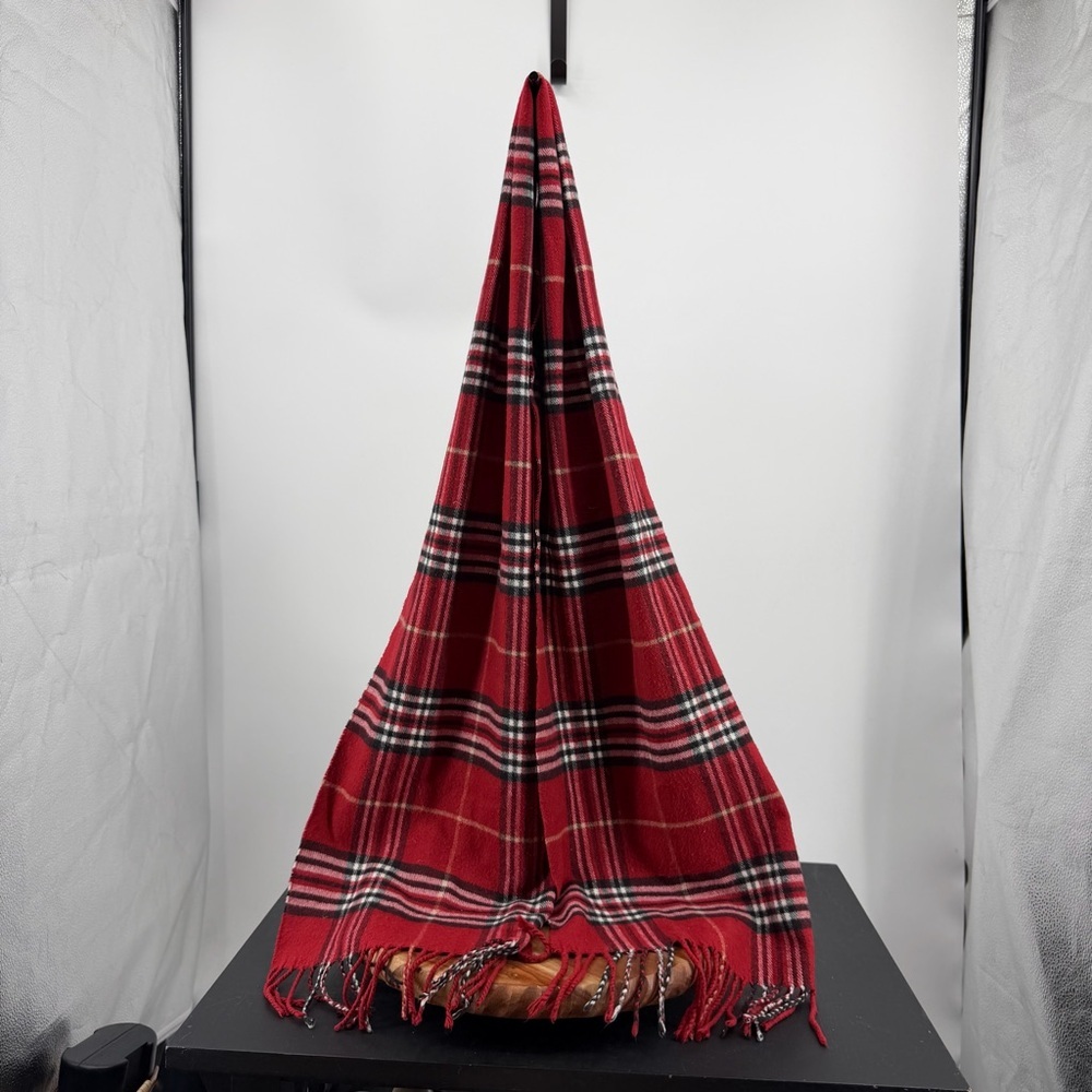 Red black white Plaid 100% Cashmere Fringe Scarf Made in Scotland